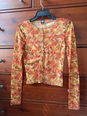 BDG Long Sleeve Mesh Layering Top - Warm Floral Leaf Pattern